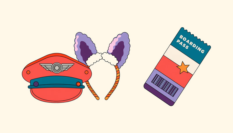 A pilot's cap beside a pair of fluffy animal ears and a boarding pass