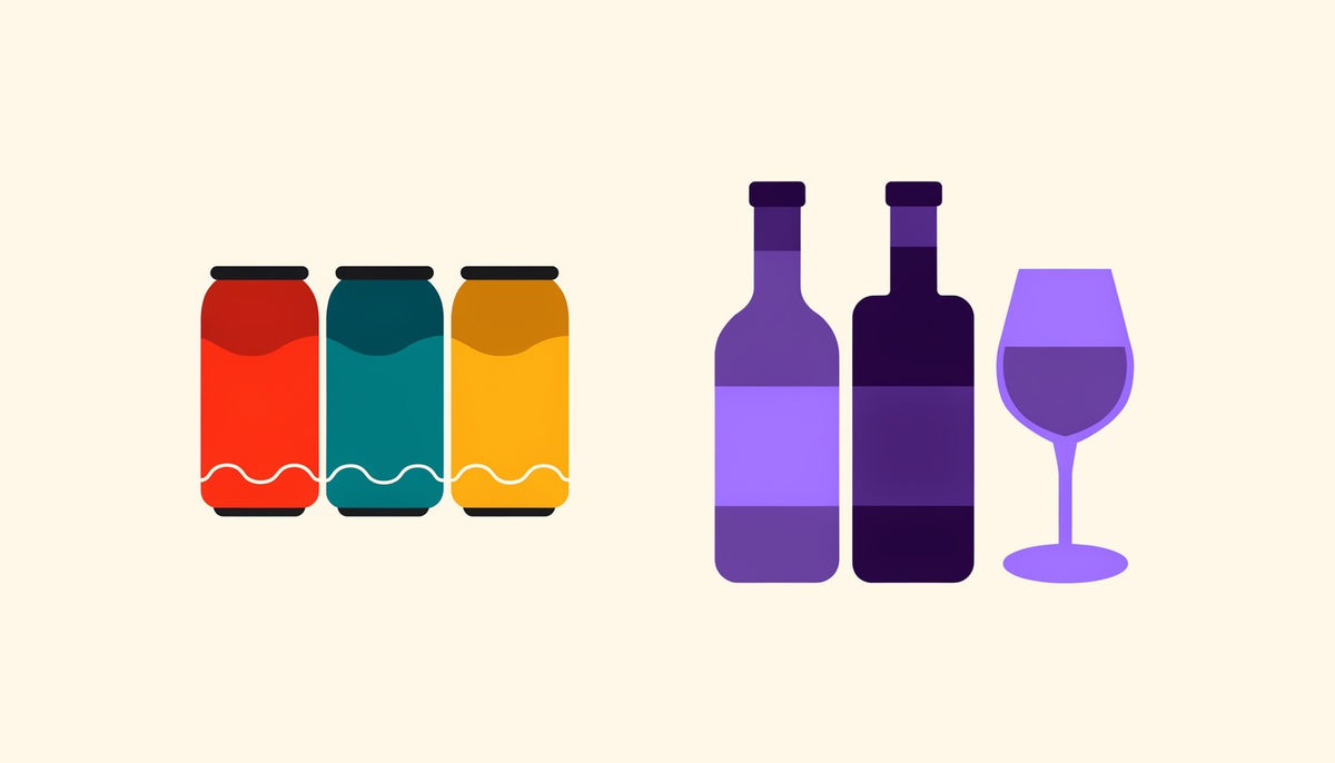 Flat illustration of canned cocktails, spirits bottles and a wine glass