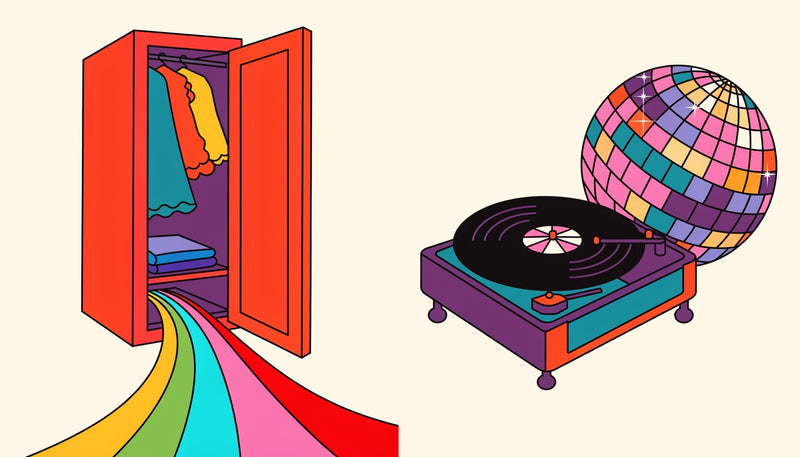 An open wardrobe spilling a rainbow beside a turntable and a disco ball