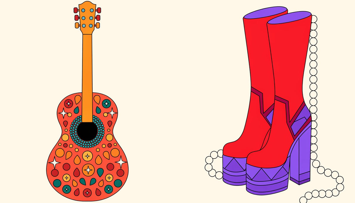 A rhinestone-covered guitar and a pair of red platform boots with pearls, on cream