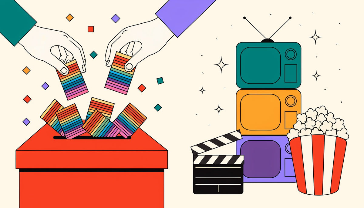 A ballot box full of rainbow ballots and a stack of retro televisions