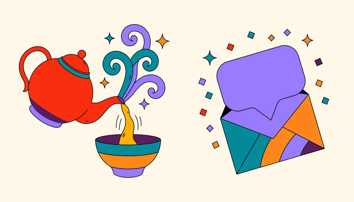 A teapot pouring tea and an envelope with a speech bubble